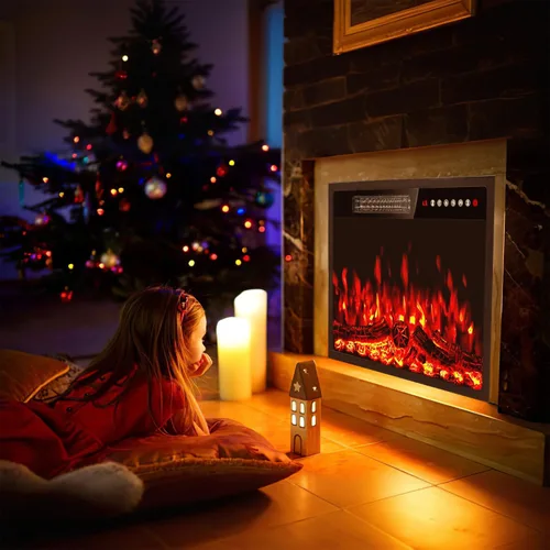Miniatura 8 de PRETZI Calentador eléctrico de chimenea de 23 pulgadas, chimenea empotrada con control remoto y panel de control, efectos de llama LED ajustables
