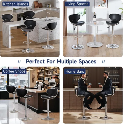 Miniatura 7 de Juego de 2 taburetes de bar, taburetes de bar giratorios ajustables para mostrador de cocina, silla de bar moderna de cuero PU de altura