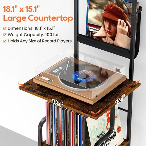 Miniatura 2 de TJ.MOREE Soporte de Reproductor de Discos con Almacenamiento de Vinilo, Mesa Alta para Reproductor de Discos con Soporte para Tocadiscos y Estante
