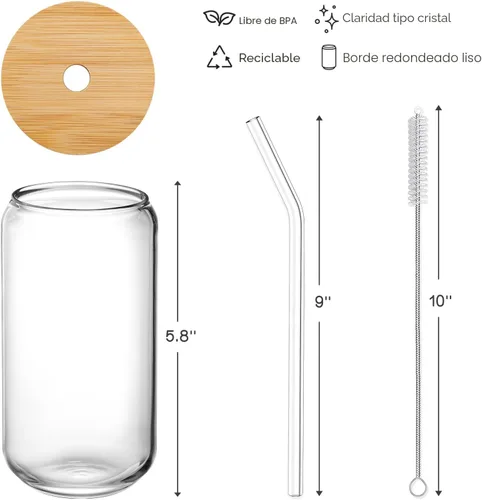 Miniatura 7 de NETANY Juego de 8 piezas: vasos para beber con tapas de bambú y popote de vidrio, vasos de vidrio de 16 onzas, vasos de cerveza, vasos de café