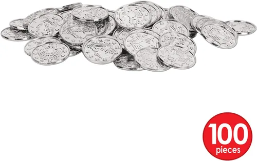 Miniatura 3 de Beistle 100 monedas de plástico en relieve de plata para casino occidental y tema pirata, recuerdos de fiesta del cofre del tesoro, 1.5 pulgadas