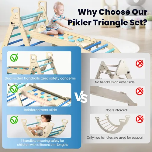 Miniatura 2 de BlueWood Juego de Triángulo Pikler, 7 en 1 Plegable de Madera Juguetes de Escalada para Niños Pequeños Parque Infantil Interior Gimnasio de la Selva