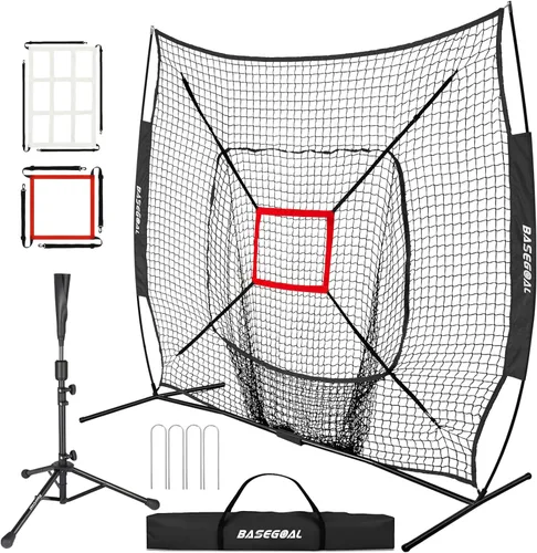 Miniatura 10 de BaseGoal Red de práctica de sóftbol de béisbol de 7 x 7 pies, respaldo de béisbol, con camiseta de bateo, para golpear lanzar, batear, atrapar