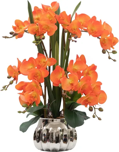 Miniatura 32 de CXGS Planta de orquídeas artificiales de tacto real, orquídeas falsas en jarrón de cerámica, naranja, 19.7 pulgadas, arreglo floral falso