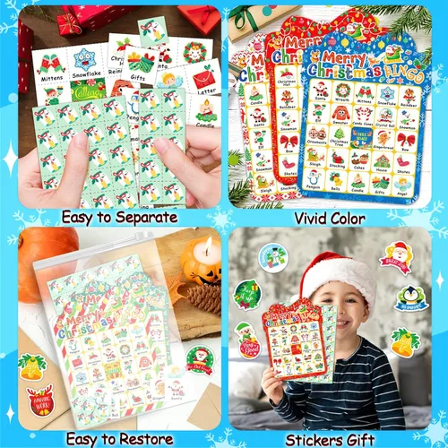 Miniatura 4 de YTSQLER Juego de bingo de Navidad para niños de 24 jugadores, tarjetas de bingo de Navidad, juegos de fiesta de vacaciones para familia, escuela