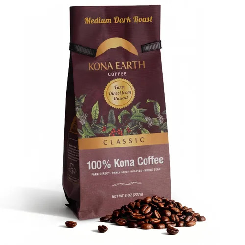 KONA EARTH - 100% Café Kona, Tostado Medio Oscuro Clásico, Grano Entero (227 gramos) Café auténtico Kona hawaiano de la granja, tostado en lotes
