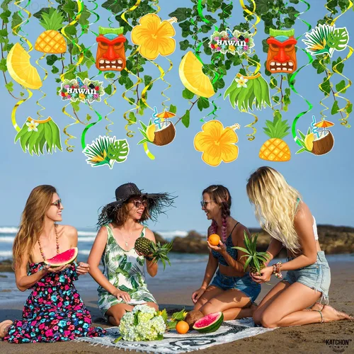 Miniatura 9 de KatchOn, Remolinos colgantes hawaianos de Luau, paquete de 46, sin bricolaje, decoraciones de fiesta Luau, decoraciones de fiesta temática hawaiana