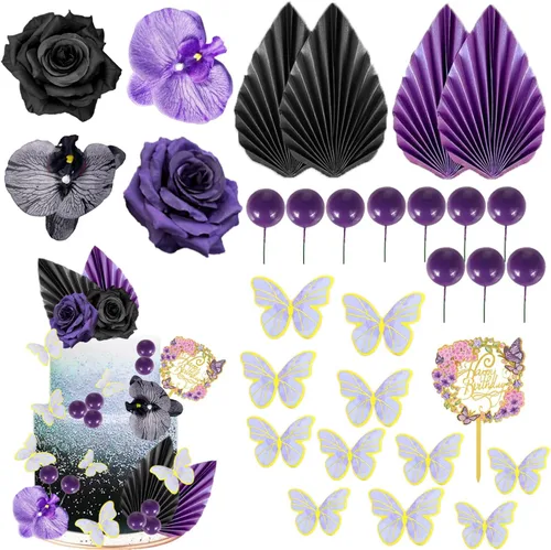 29 piezas de decoración de pastel de flores, hojas de palma, bola de mariposa, decoración bohemia para tartas, decoración de pastel de cumpleaños,