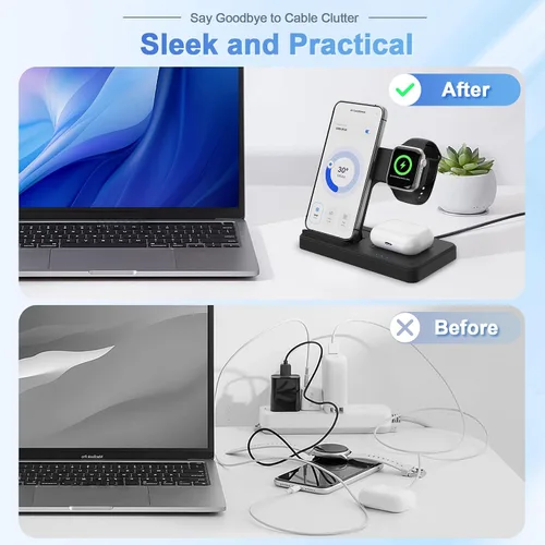Miniatura 7 de Estación de carga inalámbrica para dispositivos Apple: 3 en 1 plegable Qi compacto soporte de carga compatible con fundas para iPhone 17-12 y Apple