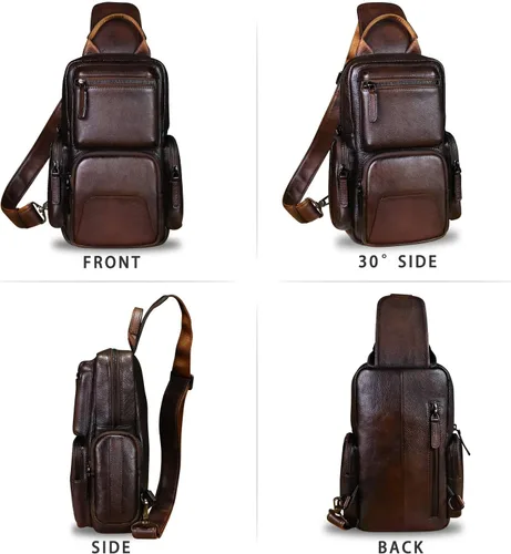 Miniatura 5 de IVTG Bolso de hombro de cuero genuino, mochila de viaje, mochila de senderismo, mochila casual, bolso de pecho vintage hecho a mano, mochila
