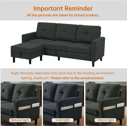 Miniatura 5 de Sofá Seccional Sofás para Sala de Estar, Sofás Seccionales Modulares de 3 Asientos en Forma de L con Almacenamiento y Chaise Reversible, Tela