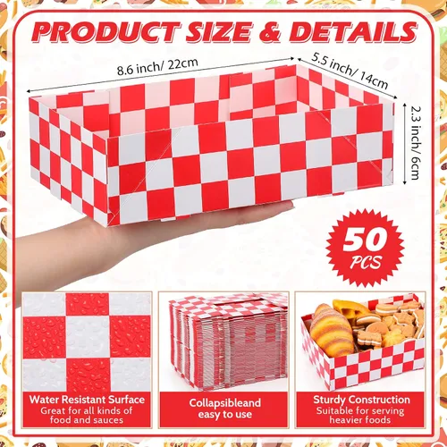 Miniatura 2 de Norme 50 bandejas desechables de cartón rojo a cuadros de 8.6 x 5.5 x 2.3 pulgadas, contenedor de papel para servir aperitivos, 4 esquinas