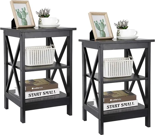 Miniatura 10 de ZENY Juego de 2 mesas auxiliares, estante de almacenamiento lateral para sofá, mesa auxiliar de madera versátil con diseño X, sala de estar, Blanco
