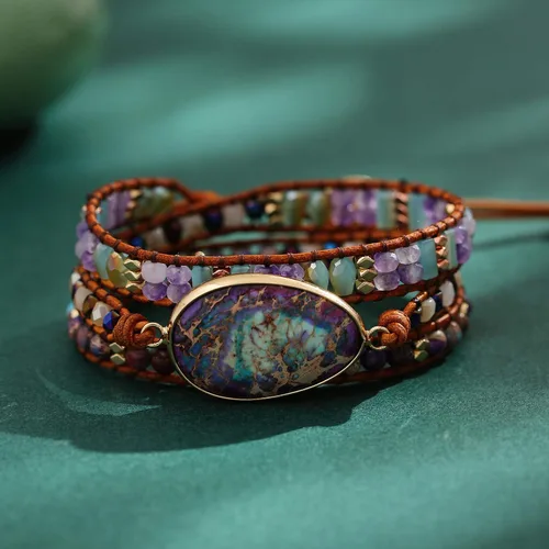 Miniatura 5 de Plumiss Colección de pulseras de cuentas de cuero de cristal natural hechas a mano para mujer