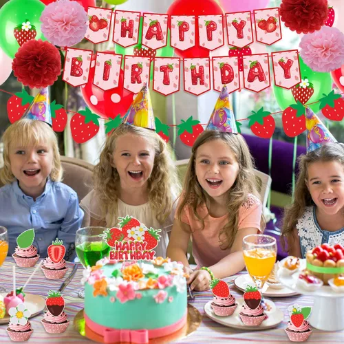 Miniatura 5 de Decoraciones de cumpleaños de tartas de fresa: pancarta, adornos para pasteles, globos, pompones de papel y abanicos para fiesta temática de fresas