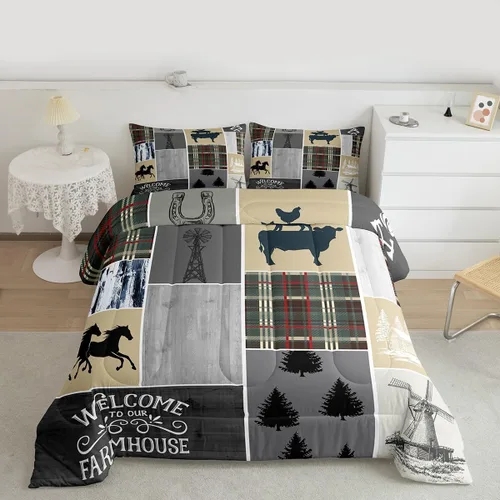 Miniatura 29 de Juego de edredón de oso y ciervo, tamaño individual, ropa de cama de animales salvajes de caza, colcha rústica de cabaña, casa de campo, cuadros