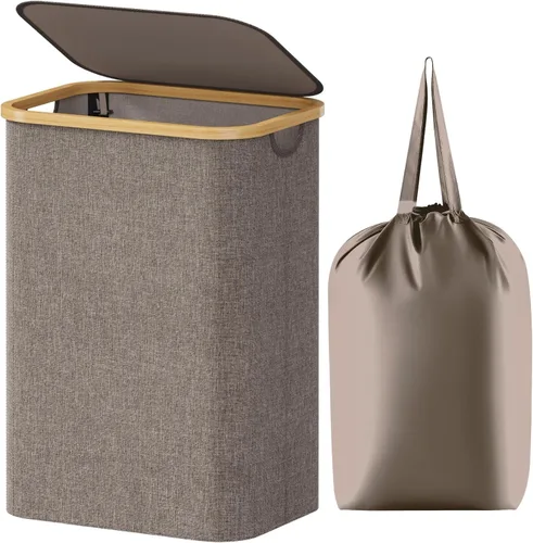 Miniatura 31 de Lifewit Cesta de ropa de 120L con tapa, cestas de ropa para lavandería con asas de bambú y una bolsa de lavandería extraíble, cesta plegable grande
