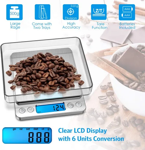 Miniatura 2 de AMIR - Báscula digital de cocina, báscula de joyería de bolsillo de 17.64 oz/0.00 oz, peso de calibración de 3.53 onzas, báscula de alimentos