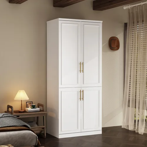 Miniatura 10 de WOODTIME Armario con barra para colgar, 3 cajones enmarcados y 2 puertas de cristal, armario de madera moderno, organizador de armario