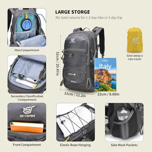 Miniatura 6 de SKYSPER Mochila de senderismo para hombres y mujeres, mochila de viaje de 35 litros, impermeable, mochila de campamento ligera para exteriores gris