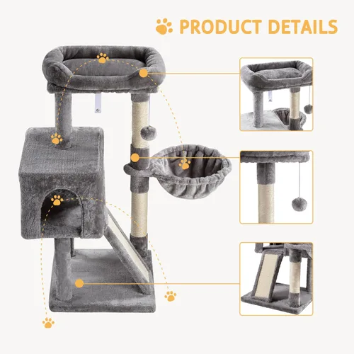 Miniatura 4 de SHA CERLIN Árbol para gatos de 36 pulgadas Torre para Gatos con hamaca, poste rascador de sisal para gatitos de interior, habitación pequeña, gris
