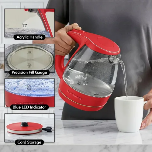 Miniatura 4 de OVENTE Hervidor Eléctrico, 1.5L de Vidrio de Borosilicato para Encimera, Calentador y Hervidor de Agua para Café o Té, Libre de BPA, Apagado Rojo