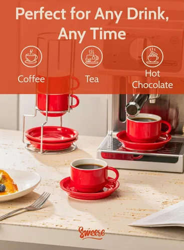 Miniatura 4 de Sweese Tazas apilables de porcelana para capuchino de 8 onzas con platillos y soporte de metal, para bebidas de café especiales, capuchino, café