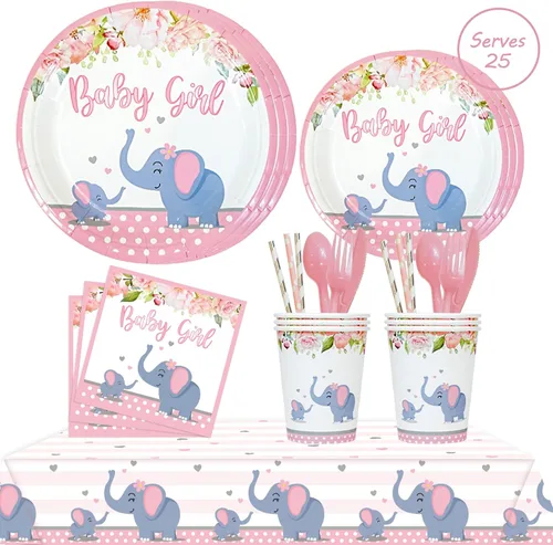 201 piezas de decoración de baby shower de elefante rosa para niña, suministros florales para fiesta de cumpleaños, mantel, platos de papel,