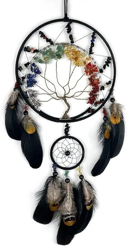Árbol de la vida negro de 7 chakras, decoración de pared con piedra de cristal curativo arco iris, hecho a mano, plumas, atrapasueños, adorno