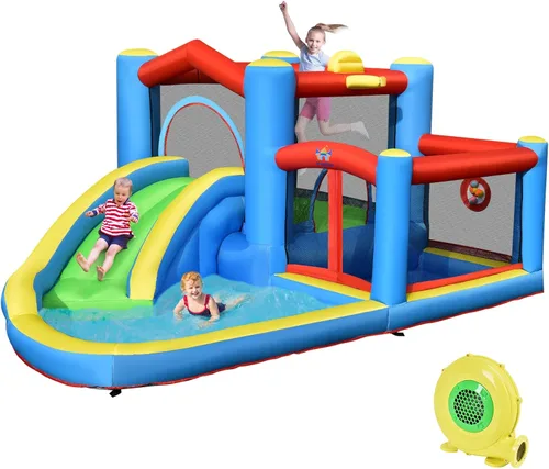 BOUNTECH Tobogán acuático inflable, casa hinchable para niños de 5 a 12 años, para fiestas en interiores y exteriores, con soplador de 480 W, bolas