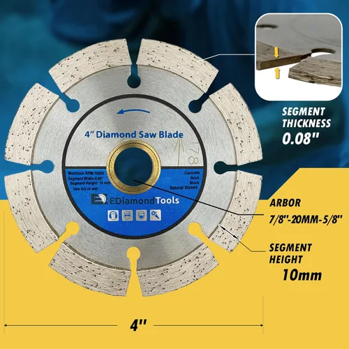 Miniatura 3 de Hoja de sierra de diamante segmentada de 4 "para hormigón, ladrillo, bloque y mampostería, altura de segmento de 0.394 in, eje de 7/8"-5/8