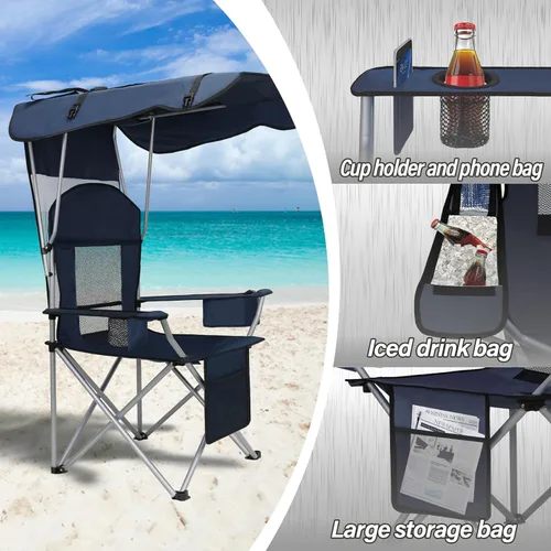 Miniatura 5 de Sillas de camping con toldo, silla de césped portátil cuádruple para adultos, silla reclinable plegable con portavasos para eventos al aire libre