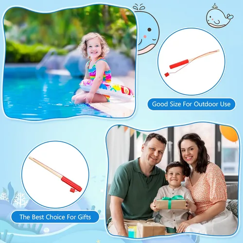 Miniatura 5 de Sumind 6 cañas de pescar magnéticas de madera para niños con ganchos magnéticos, juguete de verano, playa, piscina, actividad, regalos para jardín