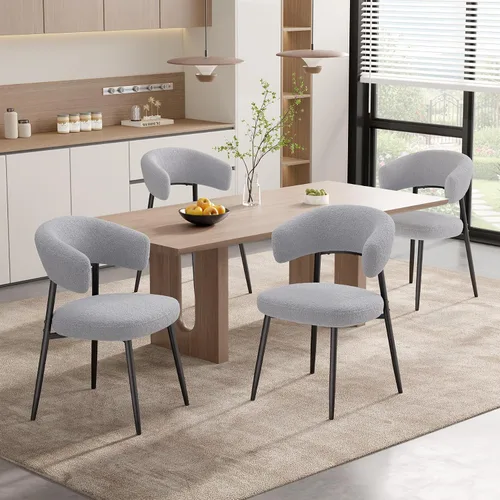 Miniatura 8 de Juego de 6 sillas de comedor, sillas de cocina estilo de mediados de siglo moderno, silla de comedor tapizada en bouclé con respaldo curvo y patas