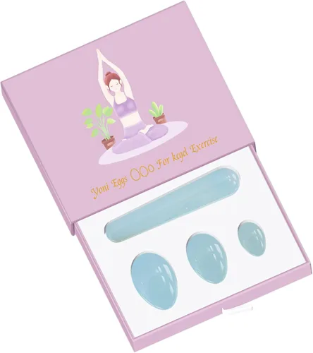 Yoni - Huevo y varita 100% natural perforados con piedra para mujeres, bolas de masaje de ejercicio Kegel, juego de destaladrar con caja