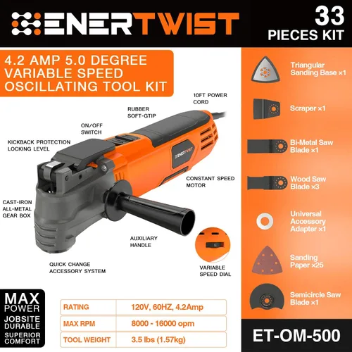 Miniatura 2 de ENERTWIST Herramienta oscilante, kit multiherramienta oscilante de 4.2 amperios con ángulo de oscilación de 5°, 6 velocidades variables, 31