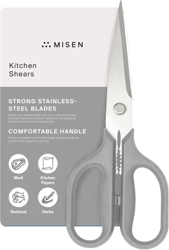 Miniatura 15 de Misen Tijeras de cocina resistentes, acero inoxidable, tijeras versátiles y fáciles de limpiar para carne, hierbas y verduras, mango ambidiestro Rojo