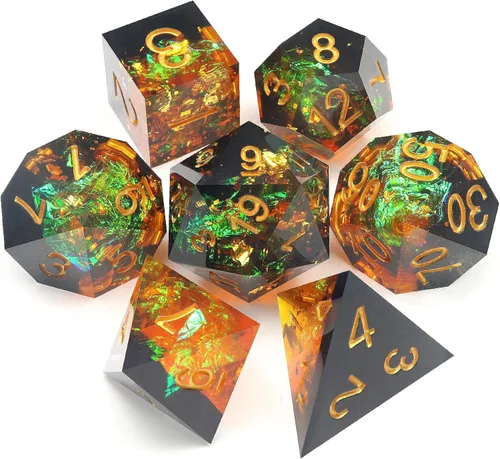Miniatura 12 de Haxtec Juego de dados brillantes de borde afilado, dados DND de resina hechos a mano con inclusión de Mylar iridiscente, mezcla de color morado Azul