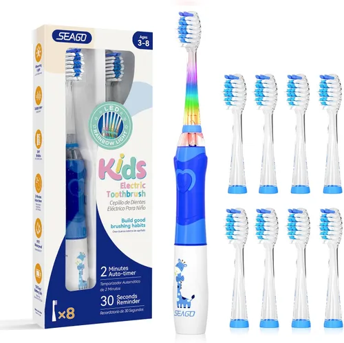 SEAGO Cepillo de dientes eléctrico para niños con temporizador de cepillado de 2 minutos y 8 cabezales de cepillo de repuesto, luz LED arcoíris que