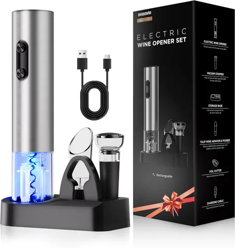 BABONIR - Set de regalo de destapador de vino eléctrico 6 en 1, sacacorchos automático de acero inoxidable con cortador de papel de aluminio, tapón