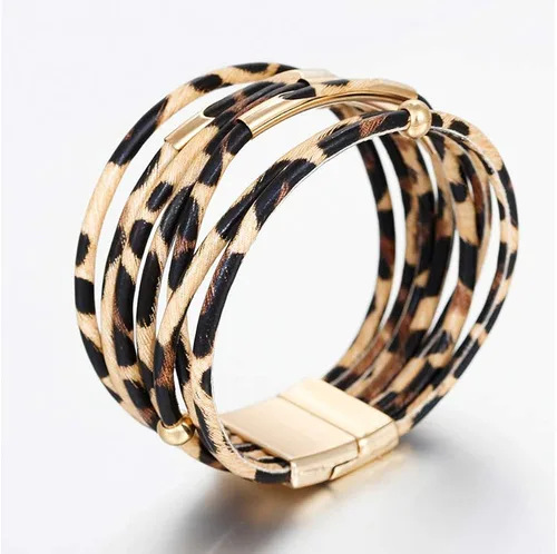 Miniatura 5 de Fesciory Pulsera de leopardo para mujer, pulsera de cuero bohemio multicapa con perlas de cristal