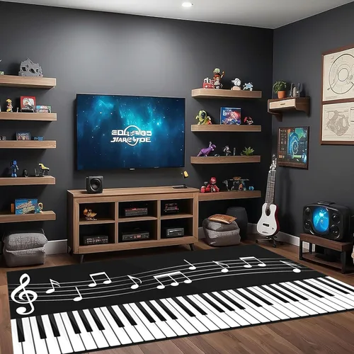 Miniatura 4 de Alfombra antideslizante de 1.3 x 7 pies, diseño de piano, para amantes de la música, color negro y blanco, alfombra de pasillo para sala de estar