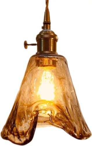 Lámpara colgante de cristal ámbar vintage con soporte e interruptor E26 de latón dorado, cable ajustable, lámpara de techo colgante de café caramelo