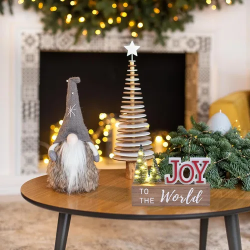 Miniatura 6 de Decoración de Navidad para el Hogar, JOY para El Mundo Letrero de Mesa de Navidad de Madera con Árboles LED, Estante Rústico, Chimenea, Decoración