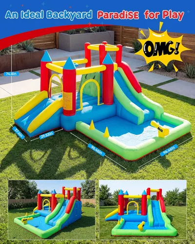 Miniatura 6 de Casa de rebote para niños de 3-6 años, castillo inflable saltarín 9 en 1 con toboganes dobles, trampolín, pared de escalada, piscina de pelotas