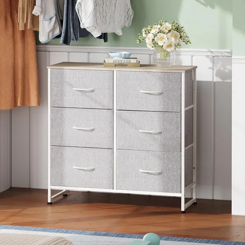Miniatura 4 de WLIVE Cómoda de tela para dormitorio, cómoda doble de 6 cajones, torre de almacenamiento con cubos de tela, cómoda para armario, sala de estar, Gris