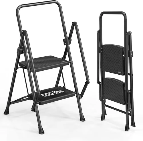 Miniatura 11 de LUISLADDERS Escalera de 5 escalones con barandillas, taburete plegable con pedal antideslizante ampliado, escalera ligera de 5 escalones plegable