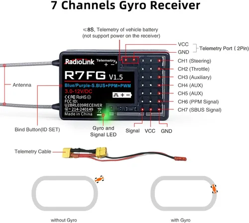 Miniatura 4 de Radiolink R7FG - Receptor de giroscopio de 7 canales, 2.4 GHz, telemetría integrada, control de largo alcance para RC coche, barco, transmisor