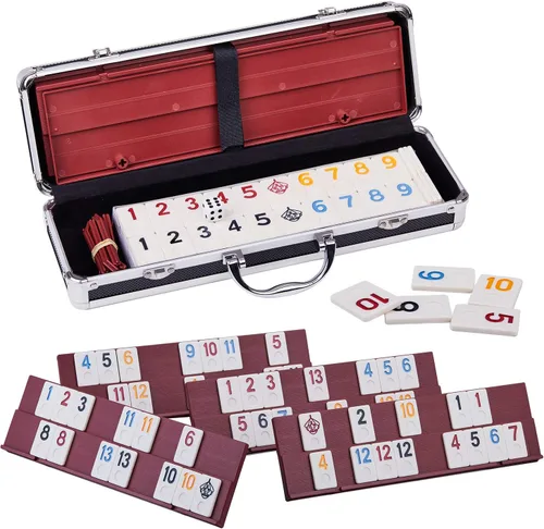 Doublefan Rummy Cube Edición para 4 jugadores, juego de 106 cubos Rummy con 4 estantes de plástico en estuche de aluminio portátil, juego de mesa