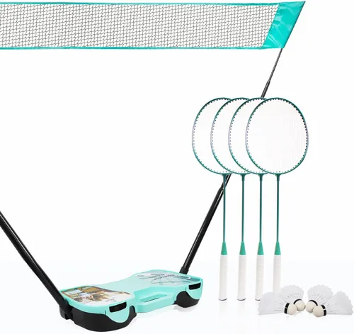 Juego de bádminton ENOVI EasyGo, con red, 4 raquetas, 4 volantes, caja de almacenamiento portátil, para patios, juegos de exterior, juegos de jardín